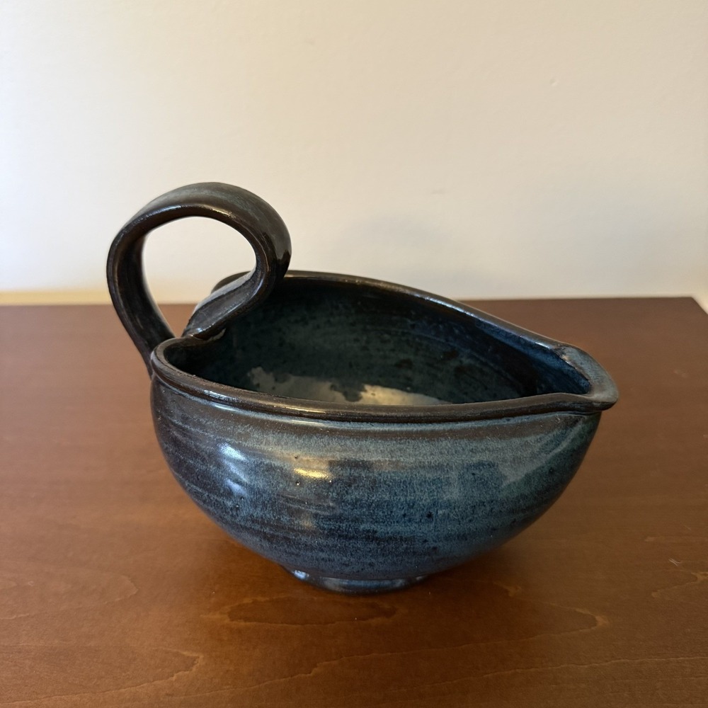 Studio Pottery Batter Bowl Gravy Boat Handle & Pour Spout Blue Glazed 6" x 7"
